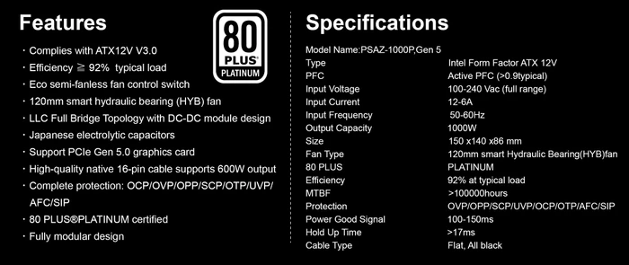 AZZA PSAZ Platinum 1000W, ATX 3.0