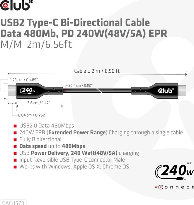 Club 3D USB-C 2.0 Kabel, 480Mb/s, 240W PD EPR, USB-C 2.0 Stecker auf USB-C 2.0 Stecker, 2m