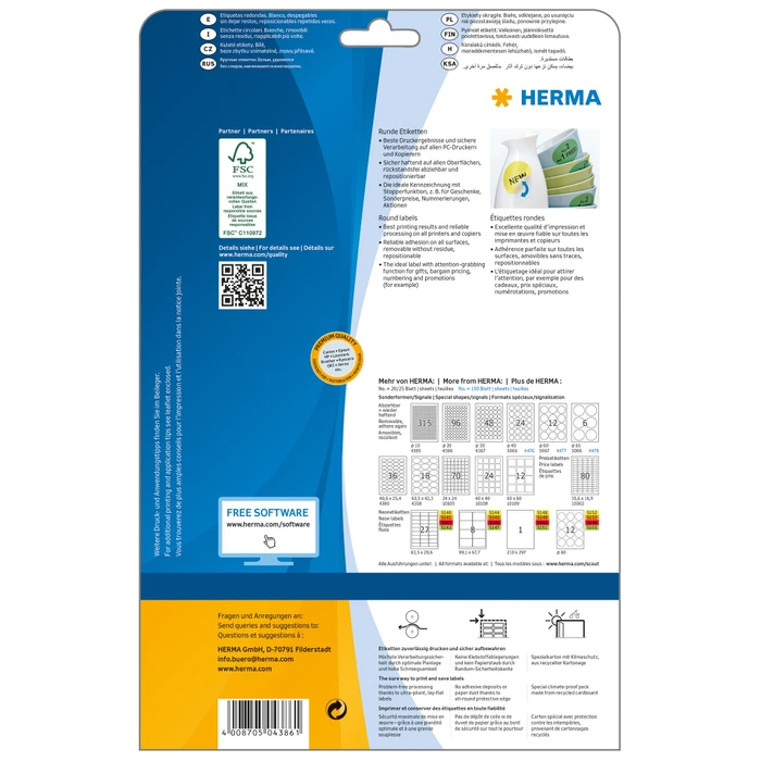 Herma Etiketten Special rund, 20mm, ablösbar, weiß, matt, 25 Blatt (2400 Etiketten)