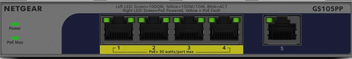 Netgear GS100 Desktop Gigabit Switch, 5x RJ-45, 83W PoE+
