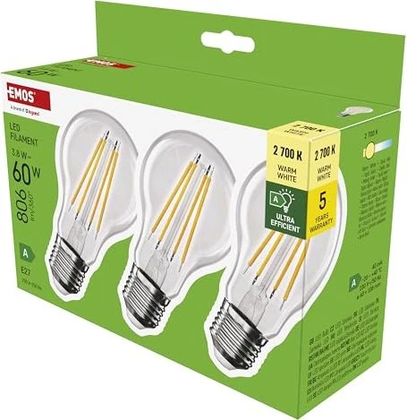 Emos LED Lampe Filament Birne A60 E27 3.8W/827, 3 Stück