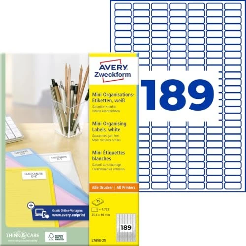 Avery-Zweckform Mini-Organisationsetiketten, 25.4x10mm, weiß, 25 Blatt (4725 Etiketten)
