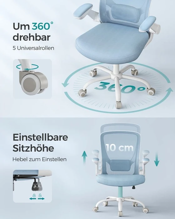 Songmics Bürostuhl ergonomisch mit Amrlehnen, nebelblau