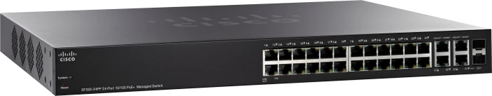 Cisco SF300 Rackmount Managed Switch, 24x RJ-45, 2x RJ-45/SFP, 180W PoE+