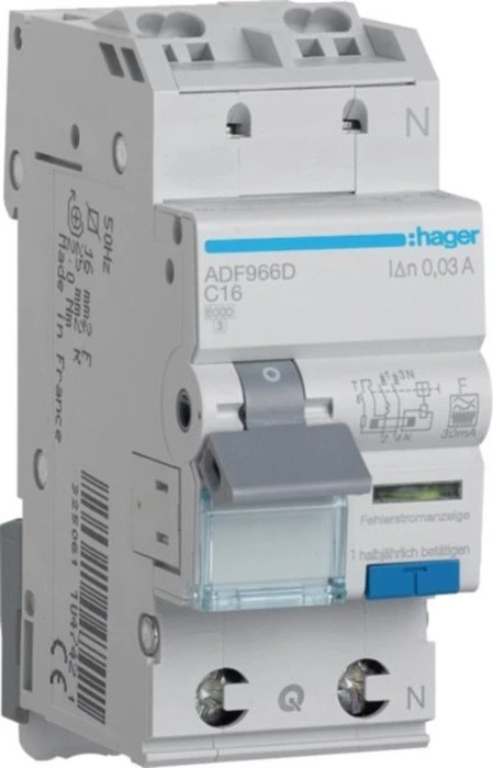 Hager Fehlerstrom-Leitungsschutzschalter, FI/LS-Schalter 1P+N 6kA C-16A 30mA Typ F QC