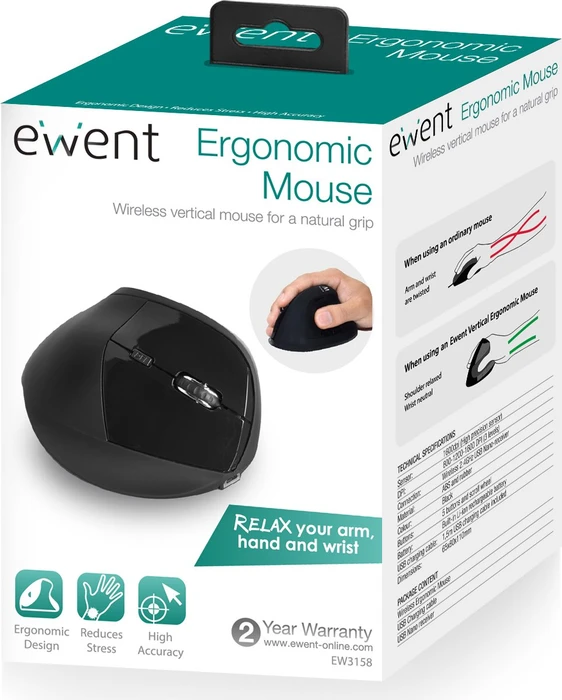 Ewent Wireless Ergonomic Mouse schwarz, USB