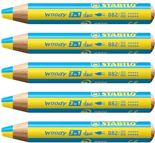 STABILO Woody 3in1 Duo Wachsmalstift gelb, 5er-Pack
