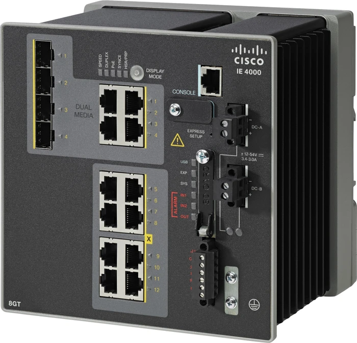 Cisco IE 4000 LAN Base Industrial Railmount Gigabit Managed Switch, 8x RJ-45, 4x RJ-45/SFP