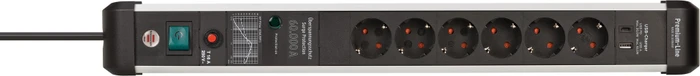 Brennenstuhl Premium-Protect-Line 60000A, 6-fach, 1x USB-A/1x USB-C USB-PD, 3m, silber/schwarz