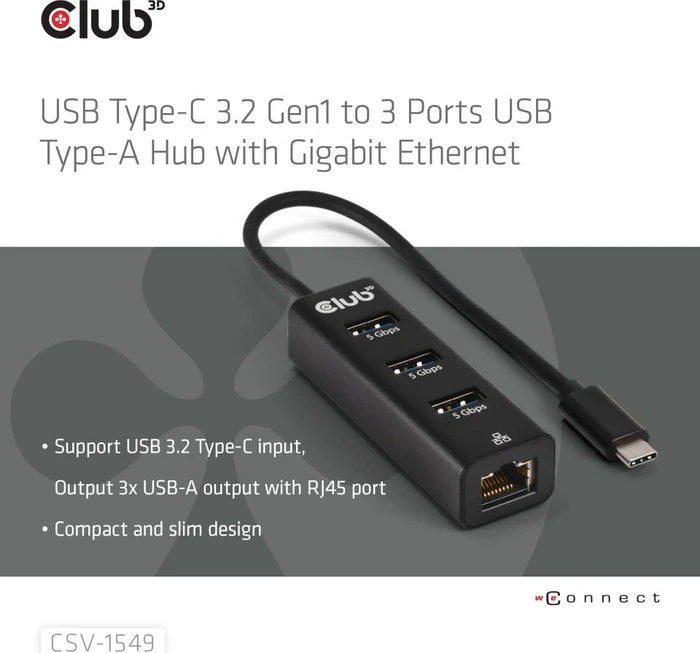 Club 3D USB-Hub mit LAN-Adapter, USB-C 3.0 [Stecker]