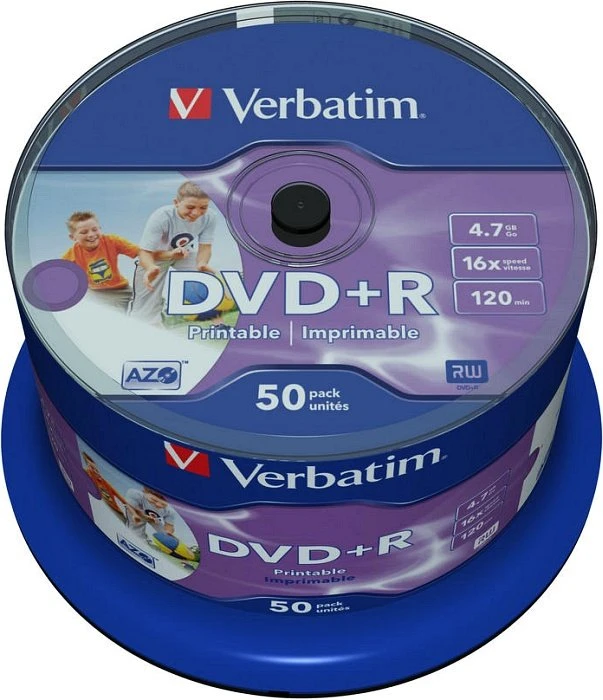 Verbatim DVD+R 4.7GB, 16x, 50er Spindel, wide, inkjet printable