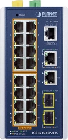 Planet IGS-4215 Industrial Railmount Gigabit Managed Switch, 16x RJ-45, 2x RJ-45/SFP, 320W PoE+ (IGS-4215-16P2T2S)