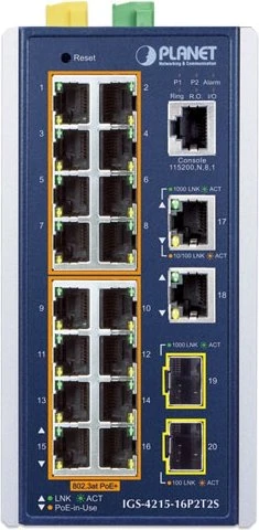 Planet IGS-4215 Industrial Railmount Gigabit Managed Switch, 16x RJ-45, 2x RJ-45/SFP, 320W PoE+