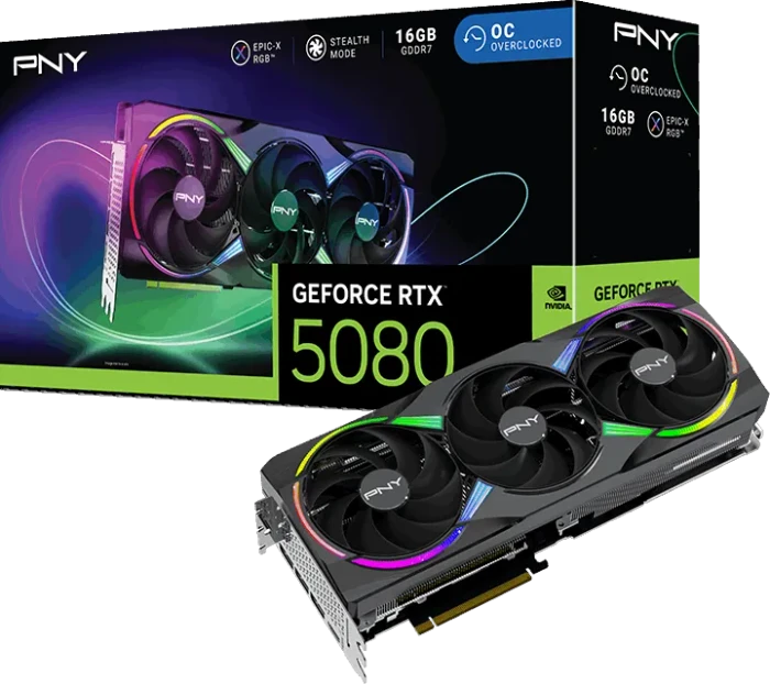 PNY GeForce RTX 5080 ARGB Epic-X RGB Overclocked Triple Fan, 16GB GDDR7, HDMI, 3x DP