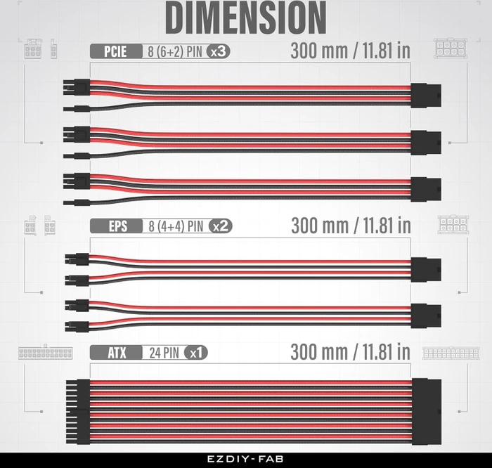 EZDIY-FAB Cable Extension Kit, 1x 24-Pin, 2x 4/8-Pin ATX, 3x 8-Pin PCIe, 16AWG, schwarz/rot