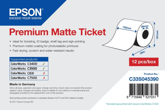 Epson Endlosetiketten Premium Ticket Matte, 102mm, 50m, weiß, matt
