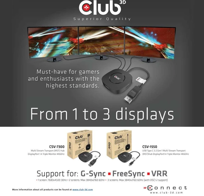 Club 3D Multi Stream Transport MST Hub, USB-C 3.0 auf 3x DisplayPort 1.4 Adapter