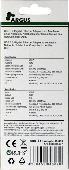 Inter-Tech Argus IT-810 LAN-Adapter, RJ-45, USB-A 3.0 [Stecker]