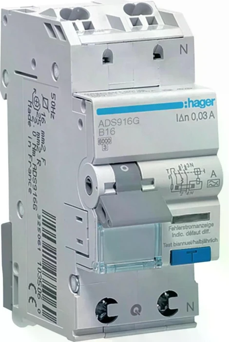 Hager Fehlerstrom-Leitungsschutzschalter 1P+N 6kA B 16A 30mA A-G Typ QC-QB