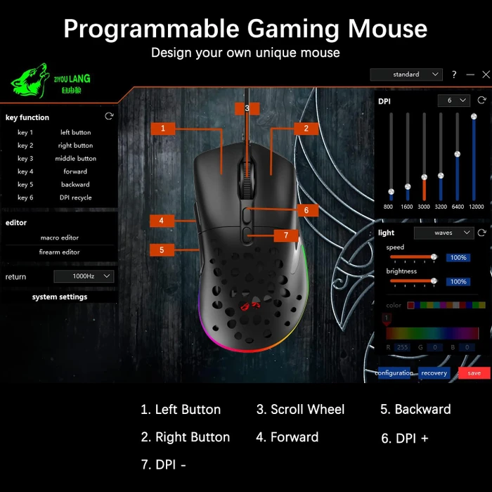 Ziyou Lang D19 RGB Gaming Mouse schwarz, USB