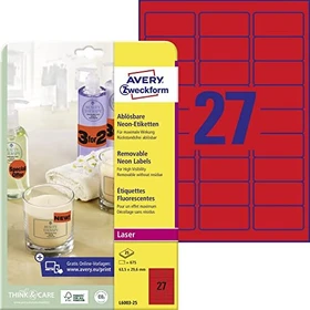 Avery-Zweckform Neonetiketten, 63.5x29.6mm, rot, 25 Blatt (675 Etiketten)