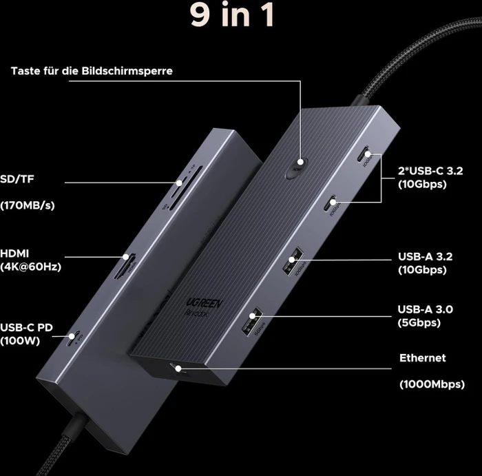 Ugreen Revodok Pro 1091 9-in-1 USB-C Hub, USB-C 3.0 [Stecker]