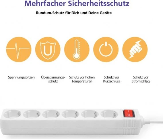Helos CLASSIC Steckdosenleiste mit Schalter, 6-fach, 3m, weiß