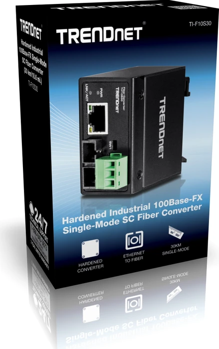 TRENDnet TI-F10S30 Hardened Industrial Railmount Media Converter, RJ-45, SC-Duplex 100Base-FX SM 30km