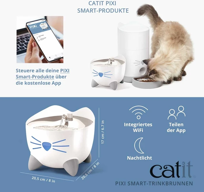 Catit PIXI Smart-Trinkbrunnen, LED-Statusanzeige, Trockenlaufschutz, Edelstahleinsatz, UV-C Wasserfilter, WLAN, 2.5l, weiß