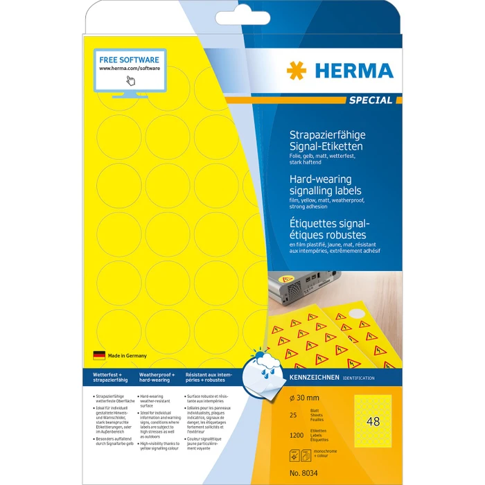 Herma Folienetiketten rund, 30mm, wetterfest, gelb, matt, 25 Blatt (1200 Etiketten)