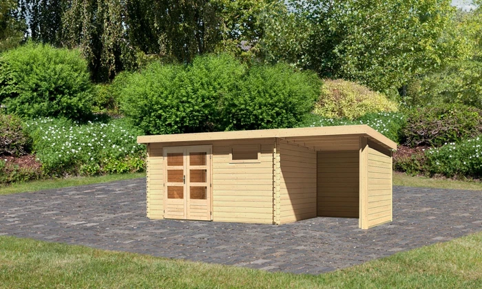 Karibu Bastrup 8 Gartenhaus inkl. Anbau 2m + Rück- und Seitenwand natur
