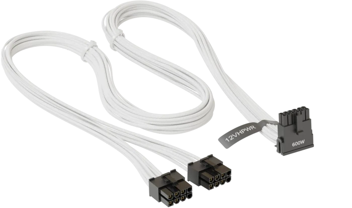 Seasonic 12VHPWR Cable, 600W PCIe 5.0 12VHPWR, 2x 8-Pin PCIe Stecker auf 16-Pin PCIe 5.0 12VHPWR Stecker, Adapterkabel, weiß, 90° gewinkelt, 75cm