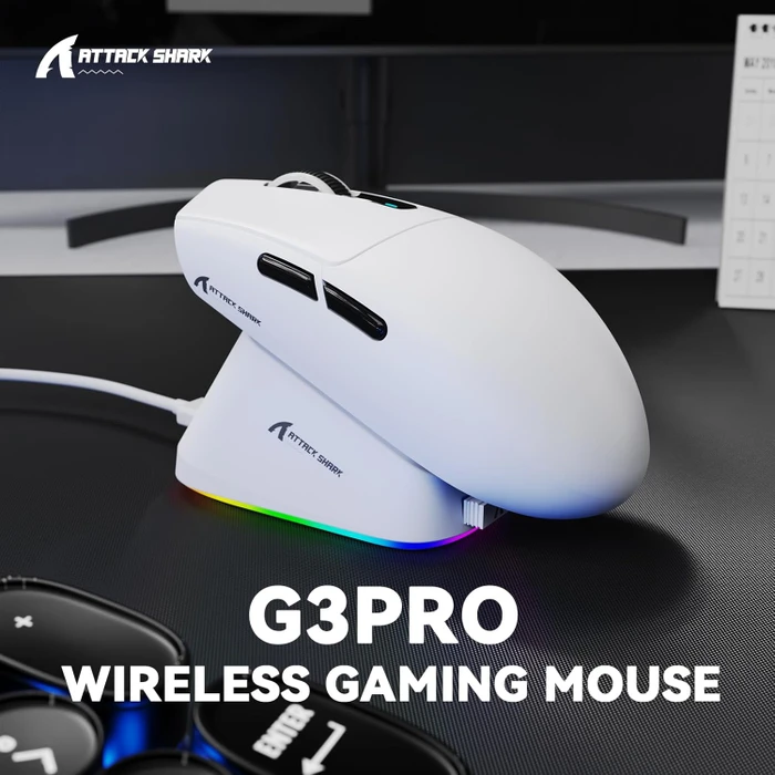 Attack Shark G3Pro Tri-mode Wireless Gaming Mouse mit Ladestation, White, USB/Bluetooth
