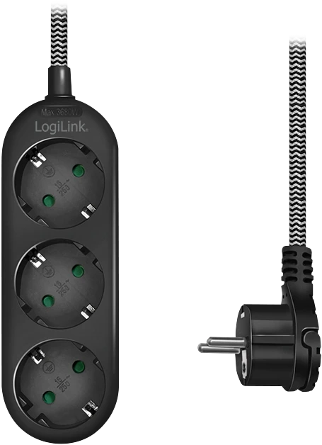 LogiLink Steckdosenleiste mit Textilkabel, Schalter, 3-fach, 1.5m, schwarz