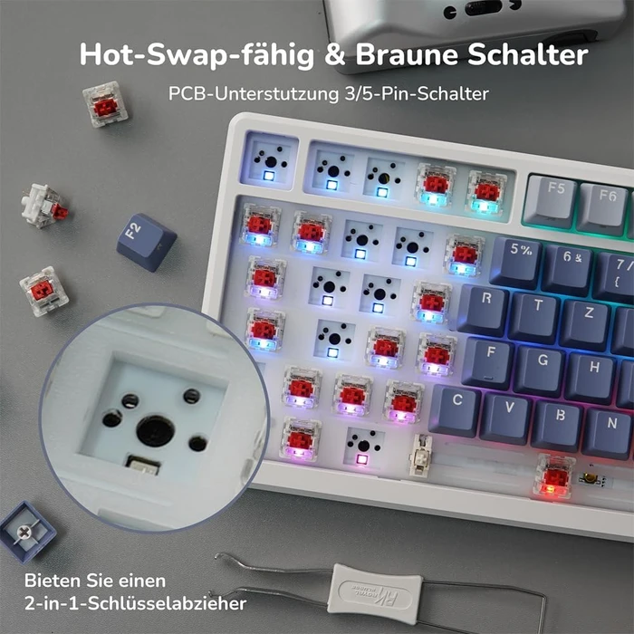 RK Royal Kludge M75 Wireless, weiß/violett, LEDs RGB, hot-swap, RK BROWN, USB/Bluetooth, DE
