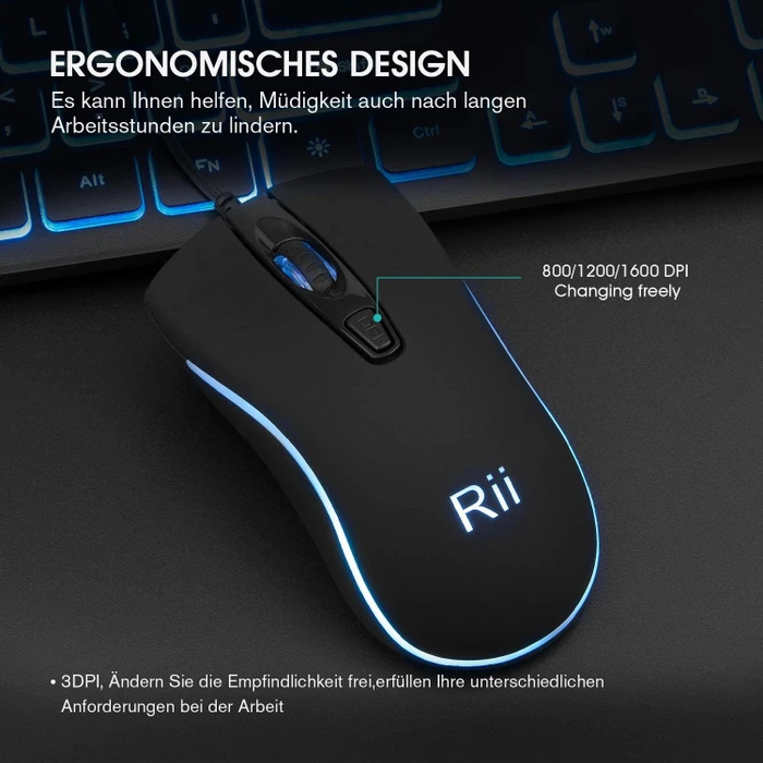 Riitek Rii RK105 Tastatur und Maus Set, USB, DE