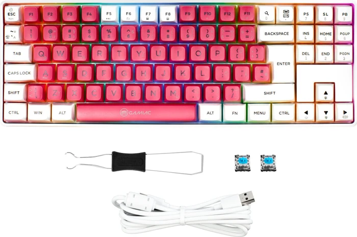 Gamiac TKL90G Gaming Keyboard, weiß/rot, LEDs RGB, Kailh BLUE, USB, DE