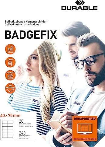 Durable Namensetiketten Badgefix, 40x75mm, ablösbar, weiß, 20 Blatt (240 Etiketten)