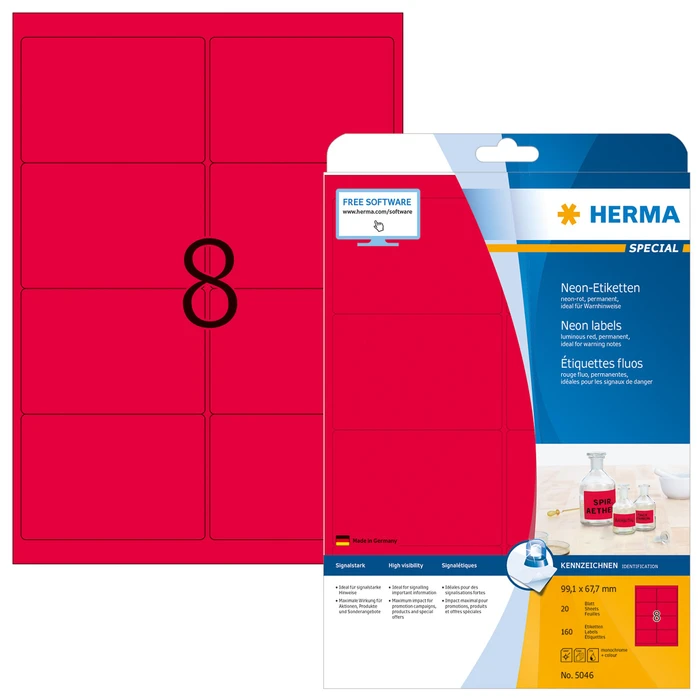 Herma Neonetiketten, 99.1x67.7mm, rot, matt, 20 Blatt (160 Etiketten)