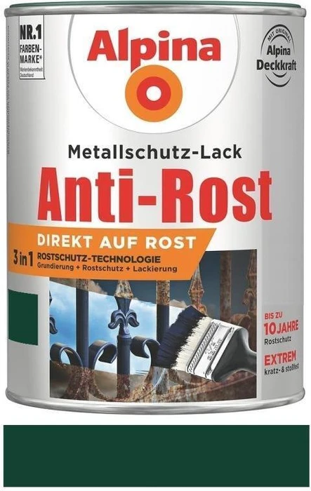 Alpina Farben Metallschutz-Lack Anti-Rost außen dunkelgrün glänzend, 750ml
