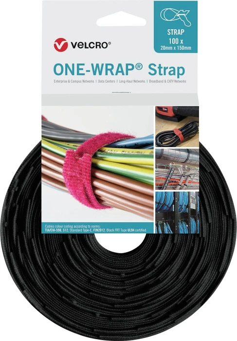 Velcro One-Wrap Strap Klett-Kabelbinder, 20mm, 200mm, schwarz, 100 Stück
