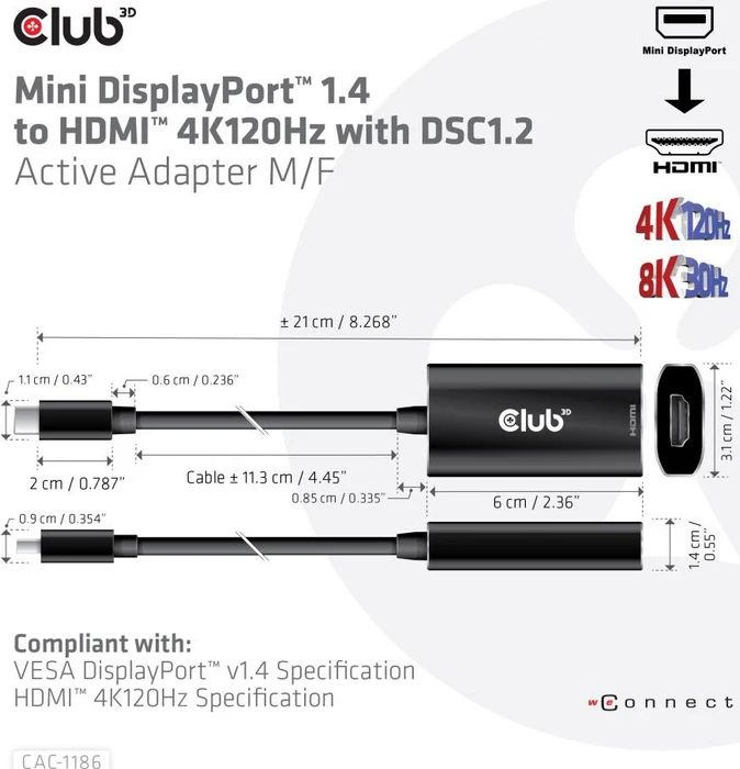 Club 3D Mini DisplayPort 1.4/HDMI 2.1 Adapterkabel schwarz, 0.2m