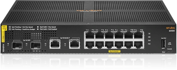 HPE Aruba CX 6000 Series Desktop Gigabit Managed Switch, 14x RJ-45, 2x SFP, 139W PoE+