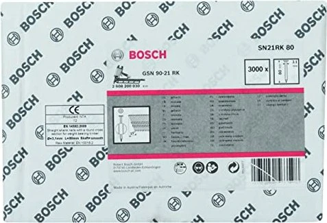 Bosch Professional SN21RK 80 Rundkopf Streifennagel 21° glatt geharzt Tacker-Nägel, 80x3.1mm, 3000 Stück
