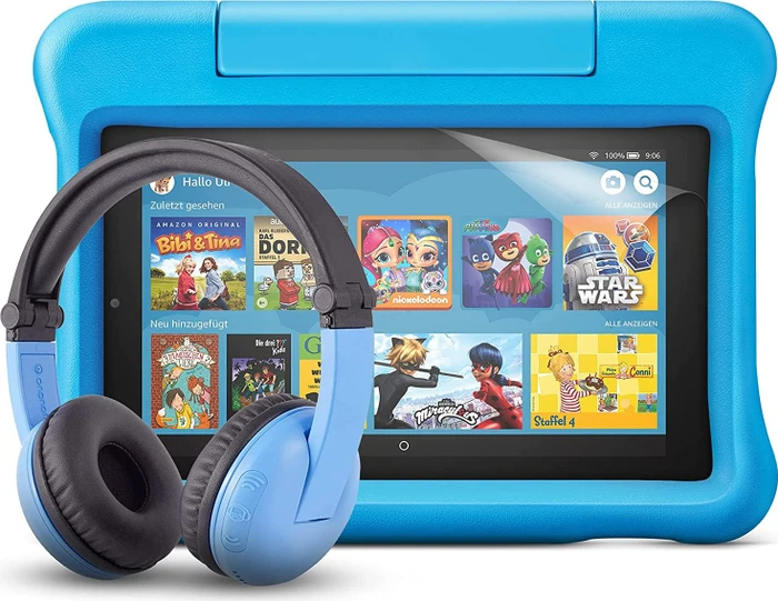 Amazon Fire 7 KFMUWI 2019, ohne Werbung, blau, 16GB, inkl. BuddyPhones PlayTime Headset und Displayschutzfolie, Kids Edition