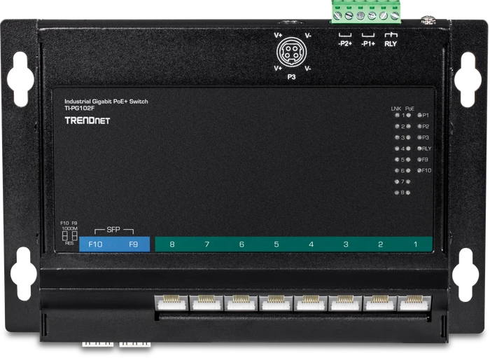 TRENDnet TI Hardened Industrial Wallmount Gigabit Switch, 8x RJ-45, 2x SFP, 240W PoE+