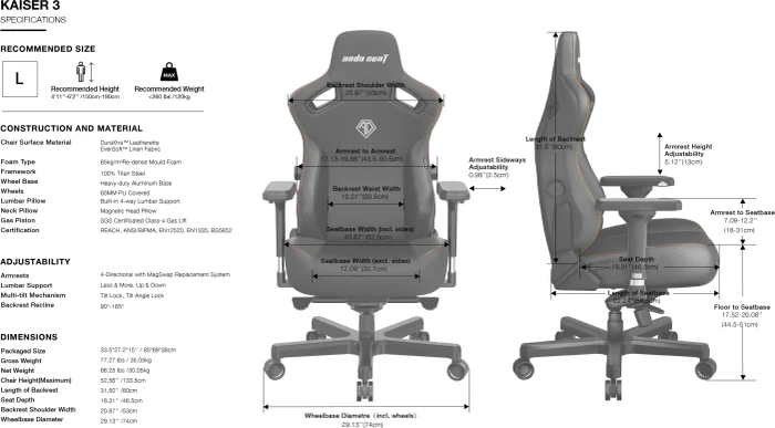 Anda Seat Kaiser 3 Premium L Gamingstuhl, schwarz