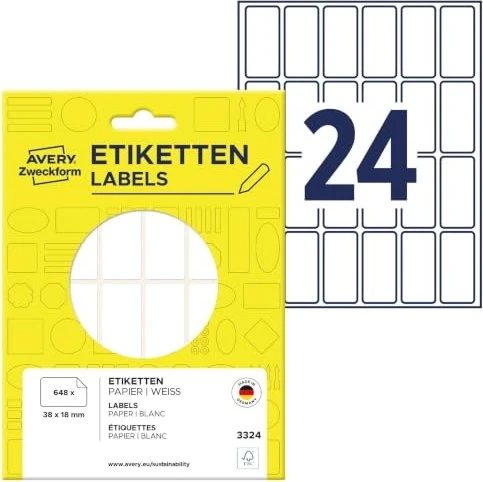 Avery-Zweckform Mini-Organisationsetiketten Sonderformat, 38x18mm, weiß, 27 Blatt (648 Etiketten)
