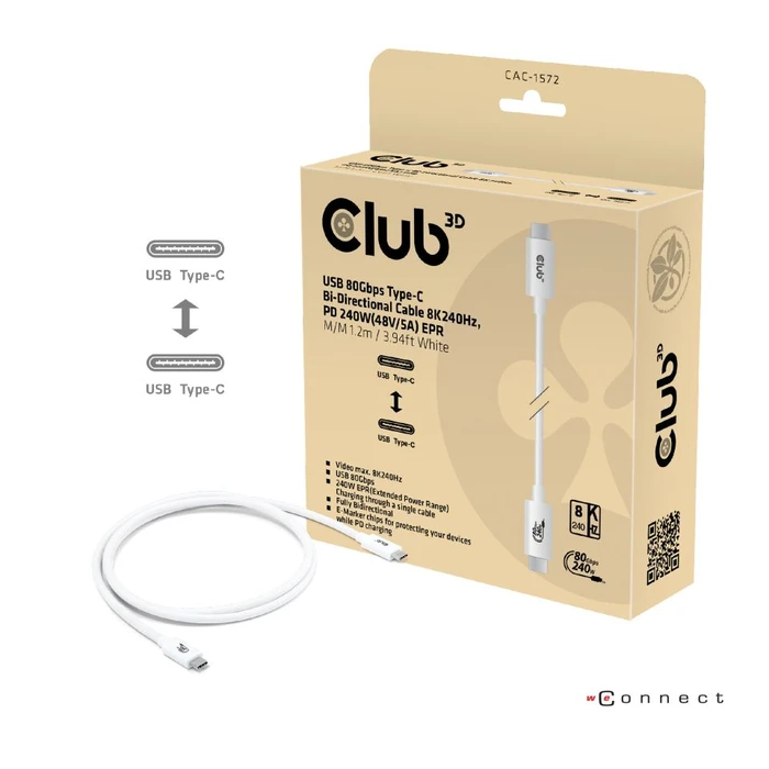 Club 3D USB-C Kabel, USB4 Gen4x2, 80Gb/s, 8K240Hz, 240W PD EPR, USB-C Stecker auf USB-C Stecker, 1.2m, weiß