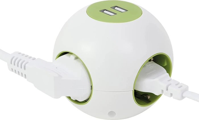 REV Ritter PowerGlobe Steckdosenwürfel, 4-fach, 2x USB, 1.4m, weiß/grün